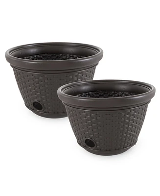 Suncast 100 Foot Resin Wicker Garden Water Hose Storage Holder Pot (2 Pack)