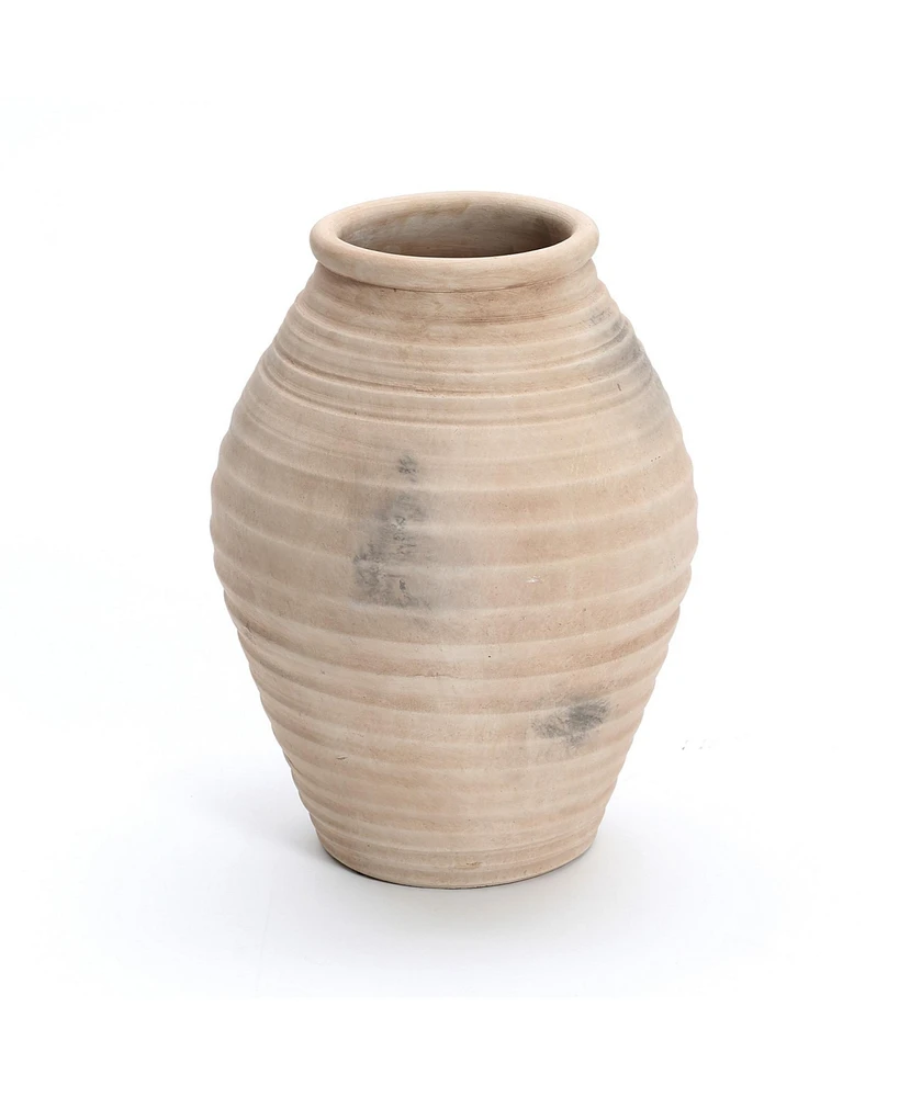 LuxenHome Rustic Brown Ribbed Terracotta 13.2-Inch Tall Urn Vase