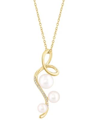 Effy Cultured Freshwater Pearl (4 - 6-1/2mm) & Diamond (1/20 ct. t.w.) Triple Pearl Spiral 18" Pendant Necklace in 14k Gold