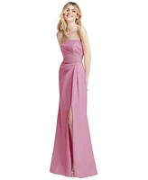 After Six Women's Strapless Pleated Faux Wrap Trumpet Gown with Front Slit