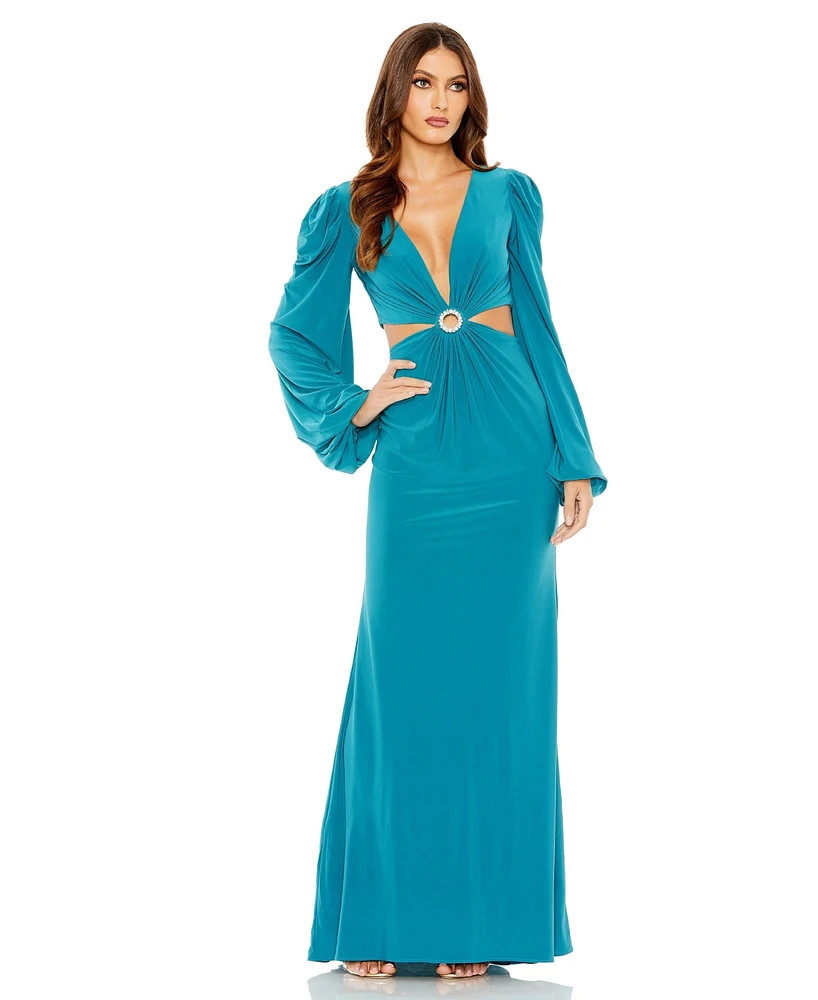 Mac Duggal Women's Jersey Puff Sleeve Cut Out Column Gown