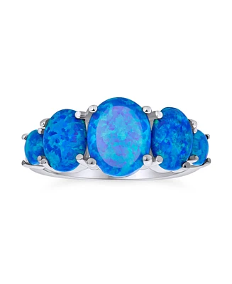 Bling Jewelry 5 Stone Oval Blue Green Synthetic Opal Ring Band Sterling Silver Thin 1MM