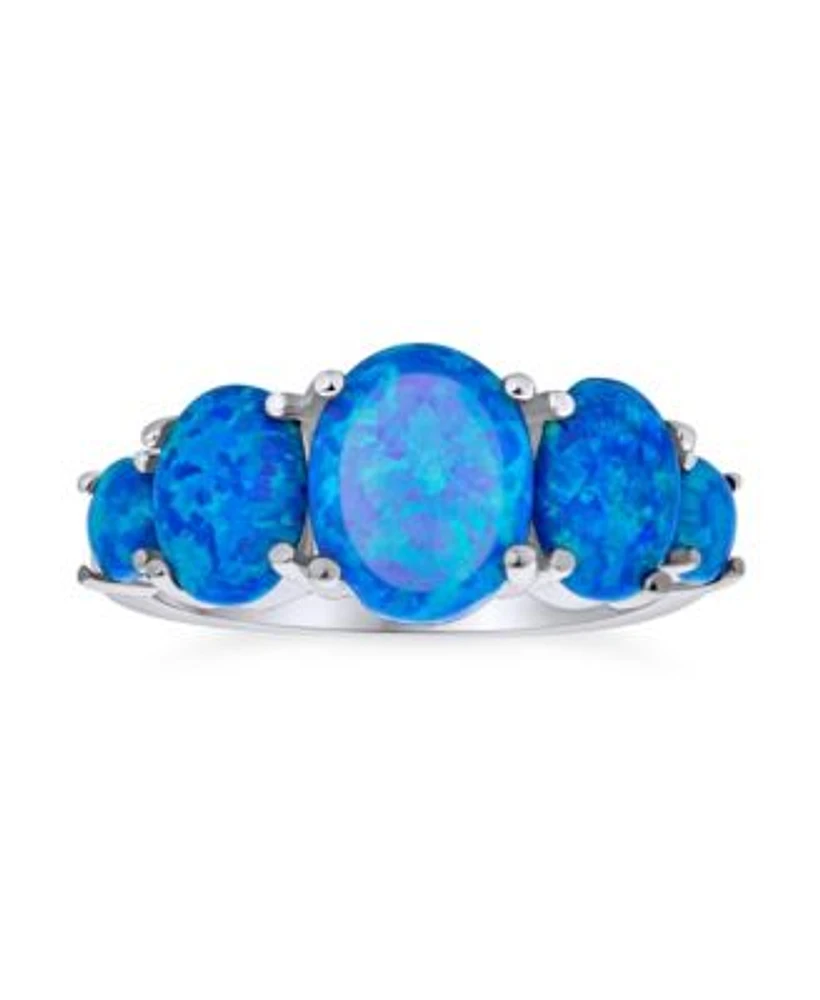 Bling Jewelry 5 Stone Oval Blue Green Synthetic Opal Ring Band Sterling Silver Thin 1mm