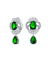 Bling Jewelry Art Deco Style Green Cz Teardrop Crown Baguette Dangle Prom Statement Earrings Silver Plated Brass