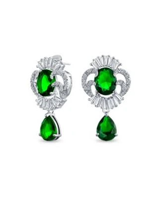 Bling Jewelry Art Deco Style Green Cz Teardrop Crown Baguette Dangle Prom Statement Earrings Silver Plated Brass