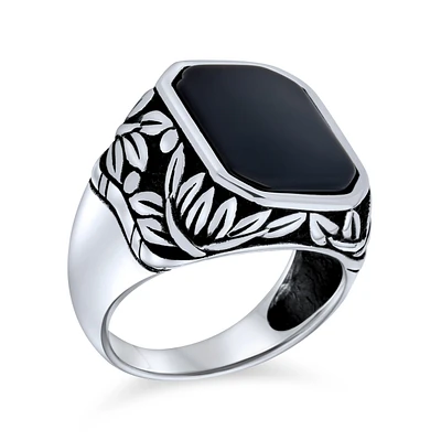 Bling Jewelry Leaf Vine Accent Black Rectangle Natural Onyx Signet Ring