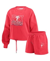 Wear by Erin Andrews Women's Red Philadelphia Phillies Washed Fleece Sweatshirt Shorts Lounge Set