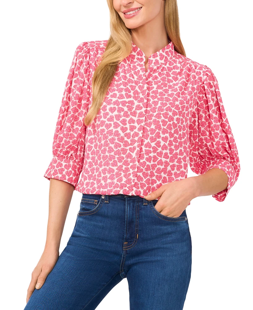 CeCe Women's Ruched-Sleeve Printed Collared Blouse