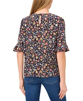 CeCe Women's Floral Round-Neck Ruffled-Cuff Blouse