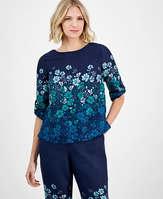 Charter Club 100% Linen Floral 3/4-Sleeve Top, Exclusively at Macy's