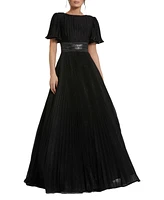 Mac Duggal Women's Pleated Shimmering Georgette Flutter Sleeve Gown