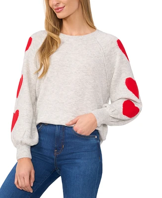 CeCe Women's Valentine Heart-Print Raglan Sleeve Crewneck Sweater