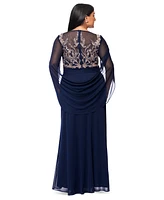 Betsy & Adam Plus Floral-Applique Cape-Sleeve Gown