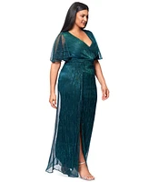 Betsy & Adam Plus V-Neck Metallic Crinkle Gown