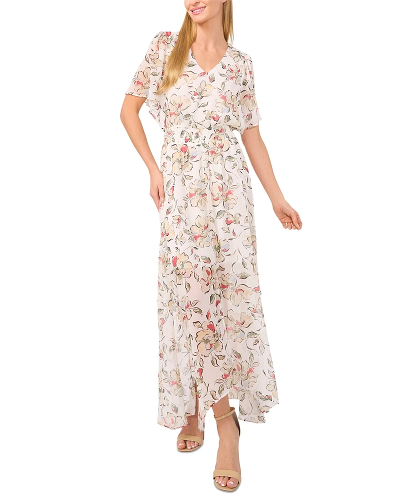 CeCe Women's Smocked-Waist Flutter-Sleeve Maxi Dress
