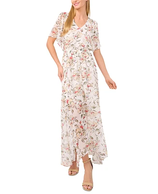 CeCe Women's Smocked-Waist Flutter-Sleeve Maxi Dress