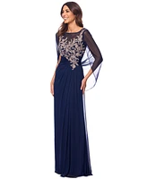 Betsy & Adam Petite Scoop-Neck Cape-Sleeve Embellished Gown