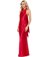 Betsy & Adam Petite Drape-Neck Halter Charmeuse Gown