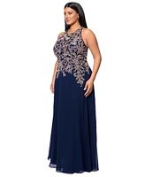 Betsy & Adam Plus Scoop-Neck Sequin Embroidered Gown