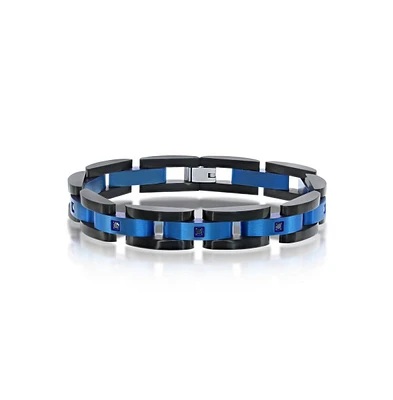 Metallo Stainless Steel Ip Blue & Black Link Cz Bracelet