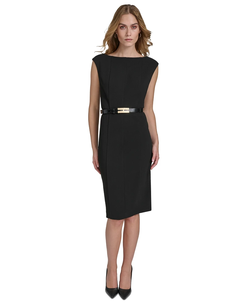 Halston Women's Round-Neck Belted Sleeveless Sheath Dress