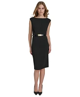 Halston Women's Round-Neck Belted Sleeveless Sheath Dress