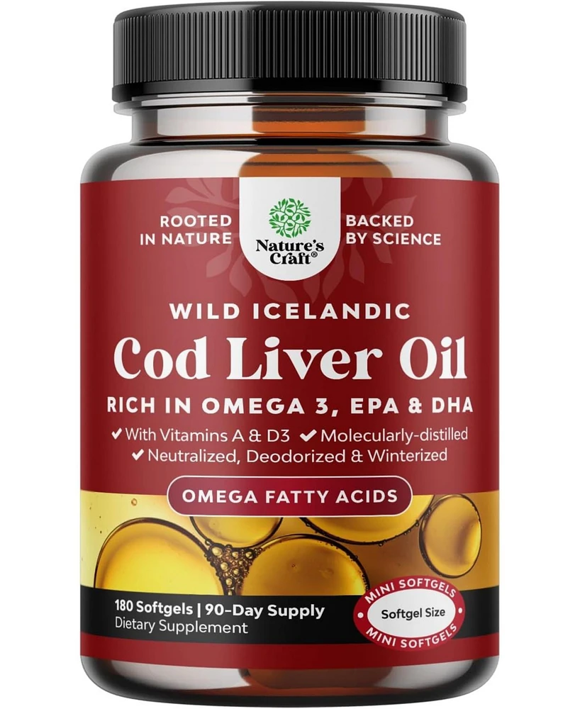 Nature's Craft Cod Liver Oil Softgels, Fish Oil Supplement with Vitamin D3 & A for Heart Joint Brain and Immune Support, Nature's Craft, 180ct