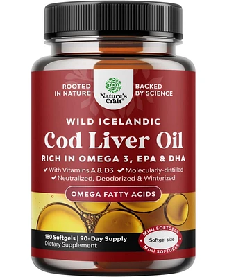 Nature's Craft Cod Liver Oil Softgels, Fish Oil Supplement with Vitamin D3 & A for Heart Joint Brain and Immune Support, Nature's Craft, 180ct