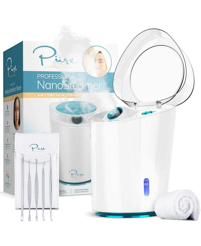 Pure Daily Care NanoSteamer Pro - Professional Ionic 4 in 1 Facial Steamer W/5 Staineless Steel Blemish Kit and a Headband