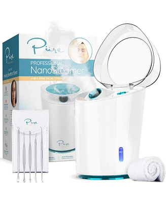 Pure Daily Care NanoSteamer Pro - Professional Ionic 4 in 1 Facial Steamer W/5 Staineless Steel Blemish Kit and a Headband