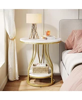 Tribesigns Round Side Table White Gold End Table 2-Tier End Table Modern Bedside Table Small Side Table with Storage for Couch Side, Sofa Side Table w