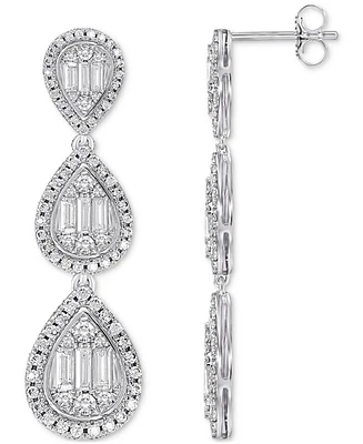 Diamond Baguette & Round Triple Teardrop Cluster Drop Earrings (1-1/2 ct. t.w.) in 14k White Gold