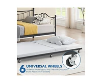 Twin Daybed with Trundle, Modern Pull Out Day Bed Frame with Vintage Headboard, Metal Daybed with Sturdy Slat Support,for Small Spaces, Kids Room, Liv