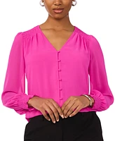 Sam & Jess Women's V-Neck Button-Front Smocked-Shoulder Top