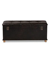Baxton Studio Janna Rustic Transitional Dark Brown Faux Leather Upholstered and Oak Brown Finished Wood Storage Ottoman