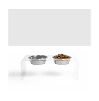 Hiddin Medium Clear Double Bowl Pet Feeder, 2 Quart Silver Bowls