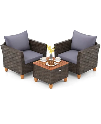 Gouun 3-Piece Patio Rattan Furniture Set with Acacia Wood Table