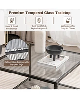 Gouun Modern 2-Tier Square Glass Table with Mesh Shelf