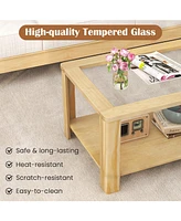 Gouun 2-Tier Table Rectangular Center Table with Tempered Glass Tabletop and Storage Shelf