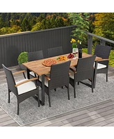 Gouun 7 Pieces Outdoor Wicker Chair and Dining Table Set-Wood Handrail