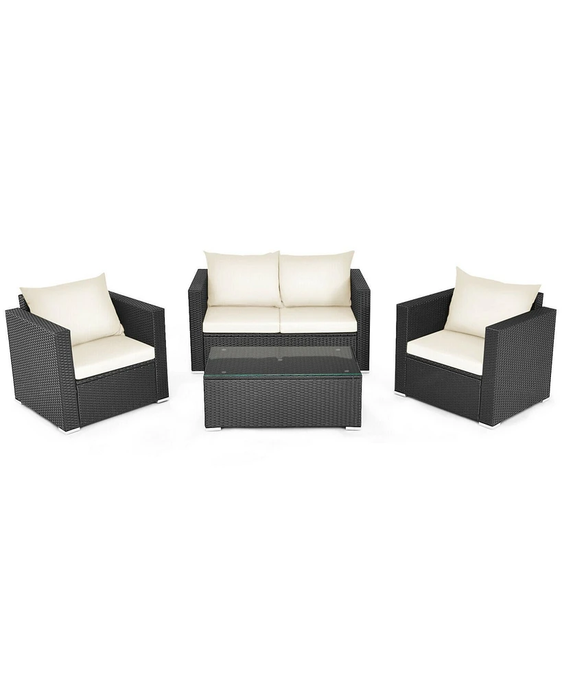 Gouun 4 Pieces Patio Rattan Conversation Set with Padded Cushion and Tempered Glass Table