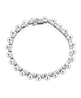 Bling Jewelry Alternating Round Cz Accent White Simulated Pearl Strand Bracelet For Women 7.25 Inch