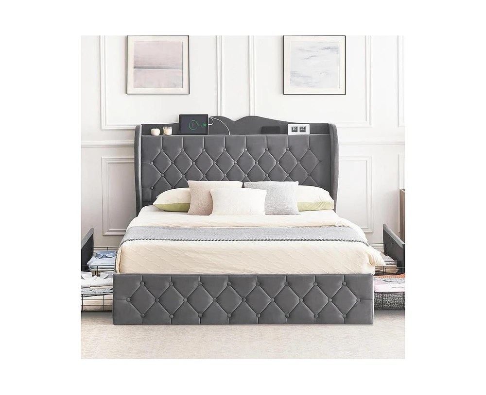 gaomon Queen Size Bed Frame with Charging Station and 4 Storage Drawers Upholstered Tall Tufted Headboard and Storage Shelf