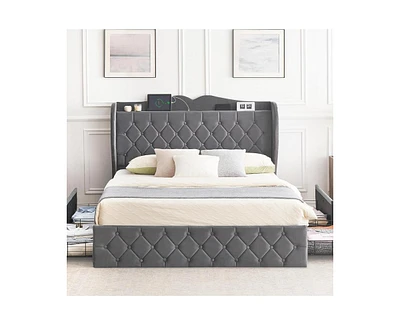 gaomon Queen Size Bed Frame with Charging Station and 4 Storage Drawers Upholstered Tall Tufted Headboard and Storage Shelf