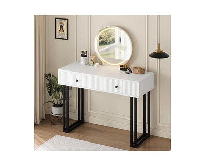 gaomon Vanity Desk with Mirror and Lights, Small Makeup Vanity with 2 Drawers, Modern Vanity Organizer with 3 Color Lights Adjustable Brightness