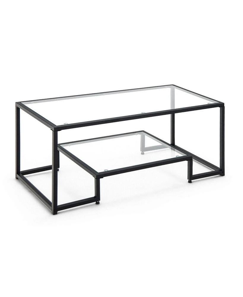 Gouun Modern 2-Tier Rectangular Table with Glass Table Top