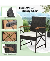 Gouun Acacia Wood Table and 6 Wicker Chairs with Umbrella Hole-x-side Handrail