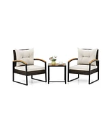 Gouun 3 Piece Patio Conversation Set with Solid Acacia Wood Armrests and Tabletop