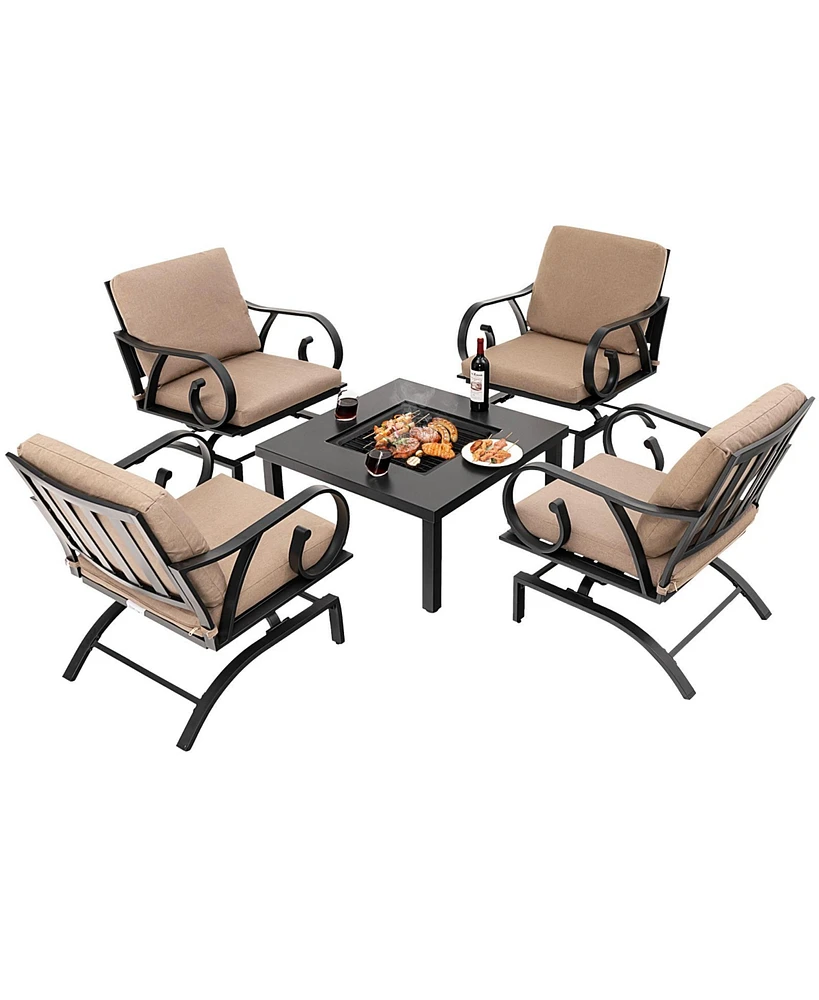 Gouun 5 Pieces Patio Rocking Chairs and 4-in-1 Fire Pit Table with Fire Poker