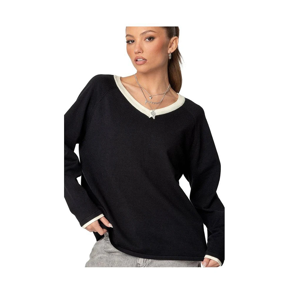 Edikted Women's Contrast V Neck Knit Sweater